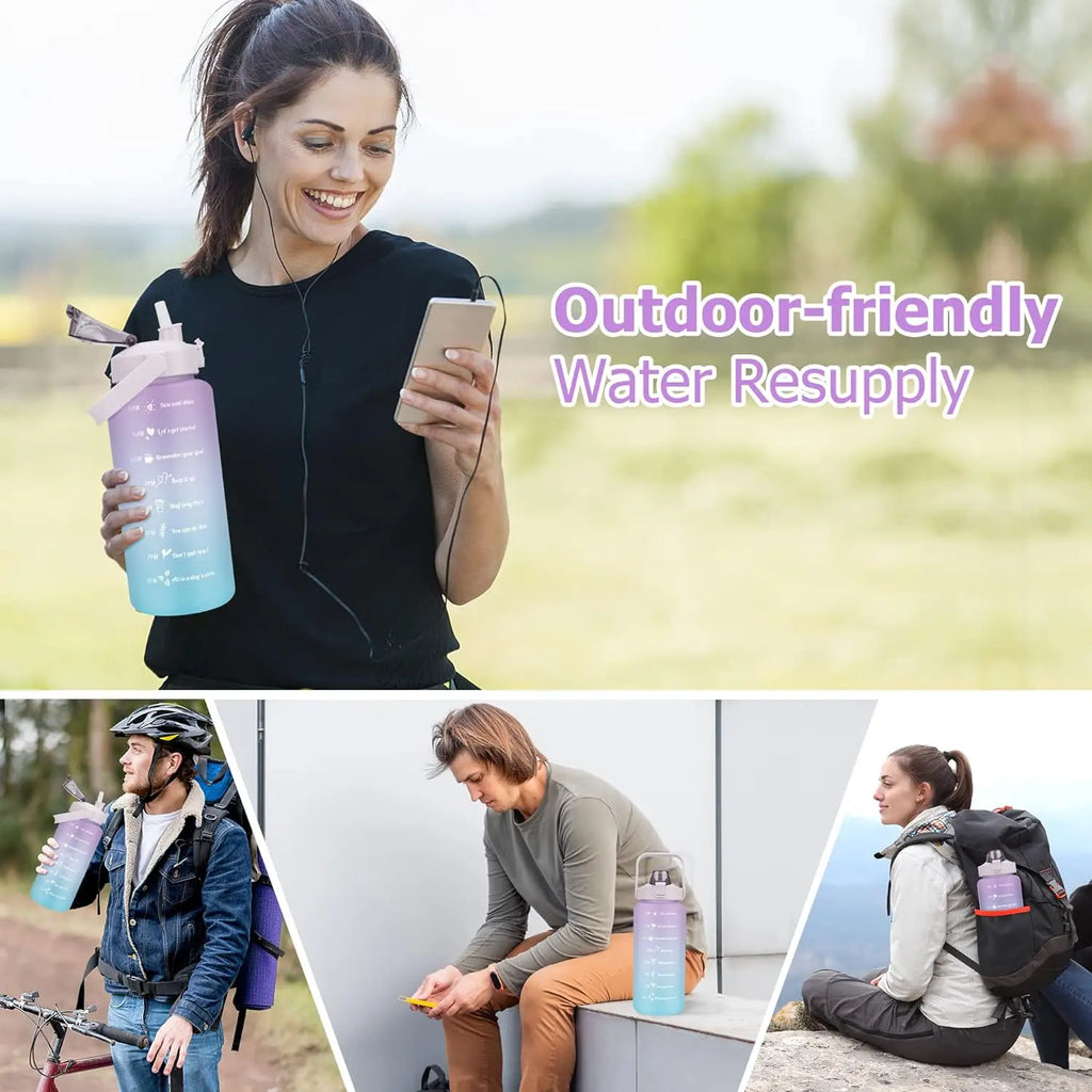 Botella de Agua Motivacional 2L con Pajita y Marcas de Tiempo - Sin BPA para Gimnasio, Oficina y Deporte
