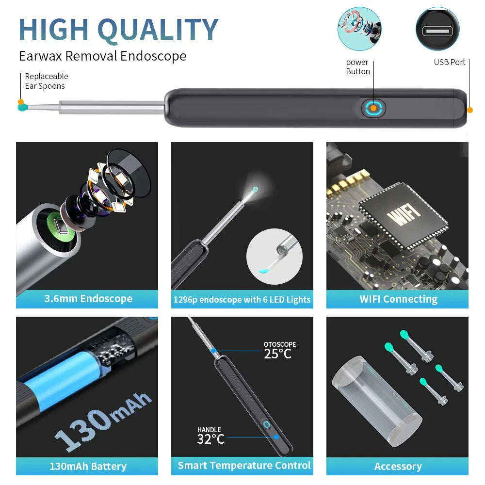 Limpiador de Oídos Inalámbrico con Cámara HD - Endoscopio Visual para Cerumen, Compatible con iOS y Android