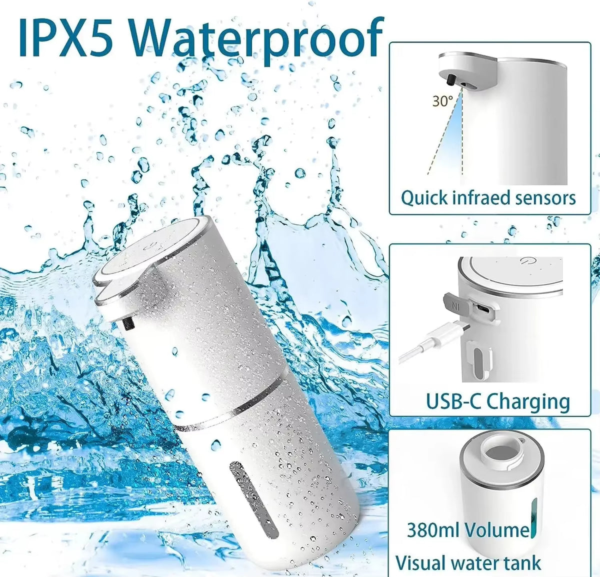 Automatic Soap Dispenser Touchless Foaming Soap Dispenser 380Ml USB Rechargeable Electric 4 Level Adjustable Foam Soap Dispenser
