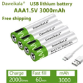 Pilas Recargables por USB 1.5V 3000mAh - Baterías de Litio AA/AAA con Cable Tipo-C, 1000+ Cargas