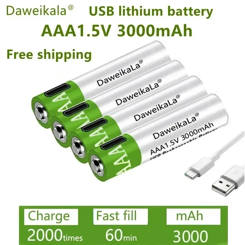 Pilas Recargables por USB 1.5V 3000mAh - Baterías de Litio AA/AAA con Cable Tipo-C, 1000+ Cargas