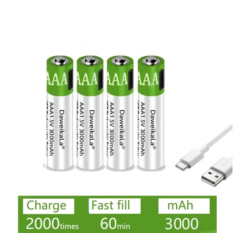 Pilas Recargables por USB 1.5V 3000mAh - Baterías de Litio AA/AAA con Cable Tipo-C, 1000+ Cargas