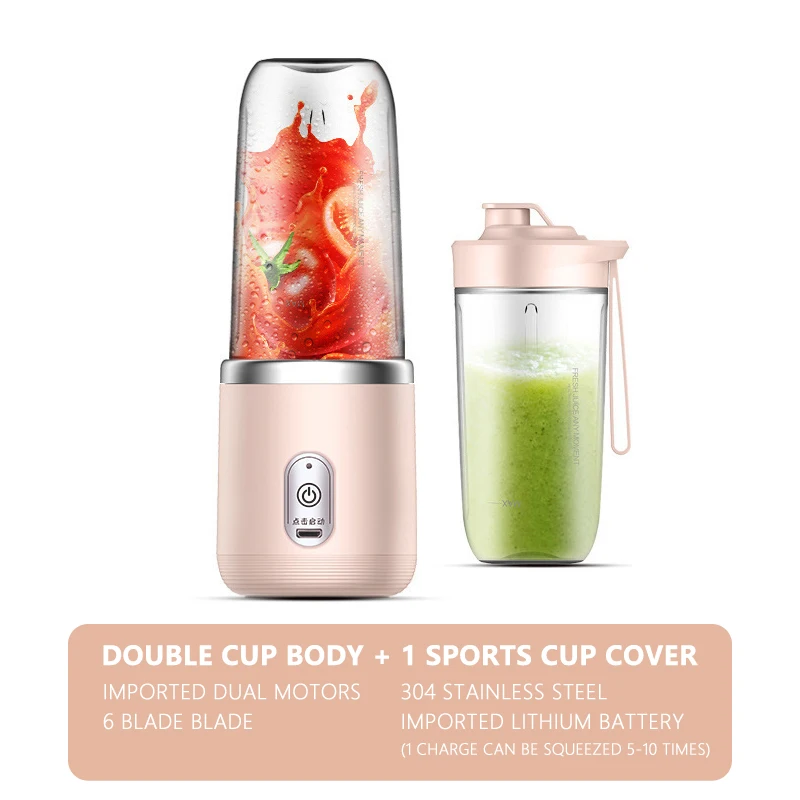 Licuadora Portátil 400ml Recargable USB - Batidora Personal Inalámbrica para Smoothies, Jugos y Batidos, 6 Cuchillas