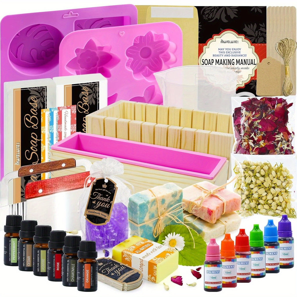 Kit Completo para Hacer Jabones Artesanales - Base Vegetal, Moldes de Silicona, Aceites Esenciales, Colorantes y Caja de Regalo