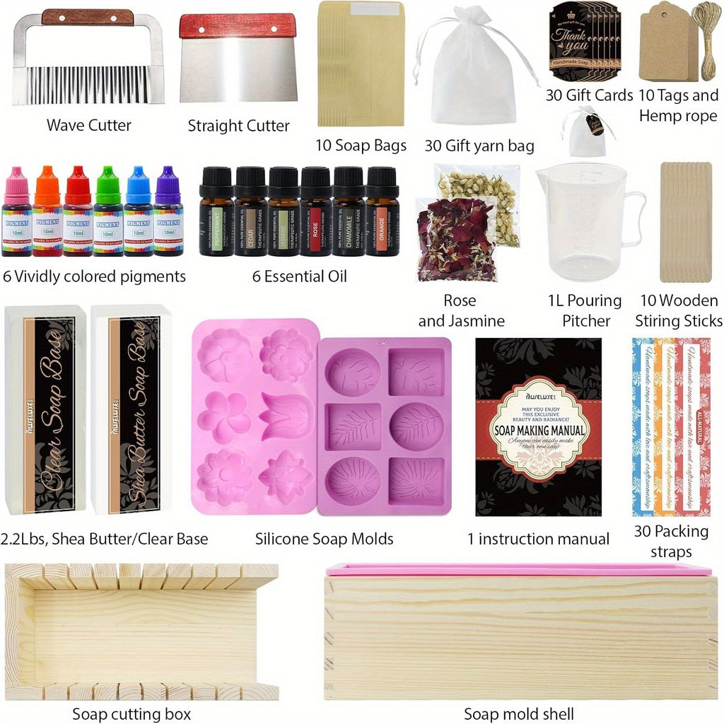 Kit Completo para Hacer Jabones Artesanales - Base Vegetal, Moldes de Silicona, Aceites Esenciales, Colorantes y Caja de Regalo