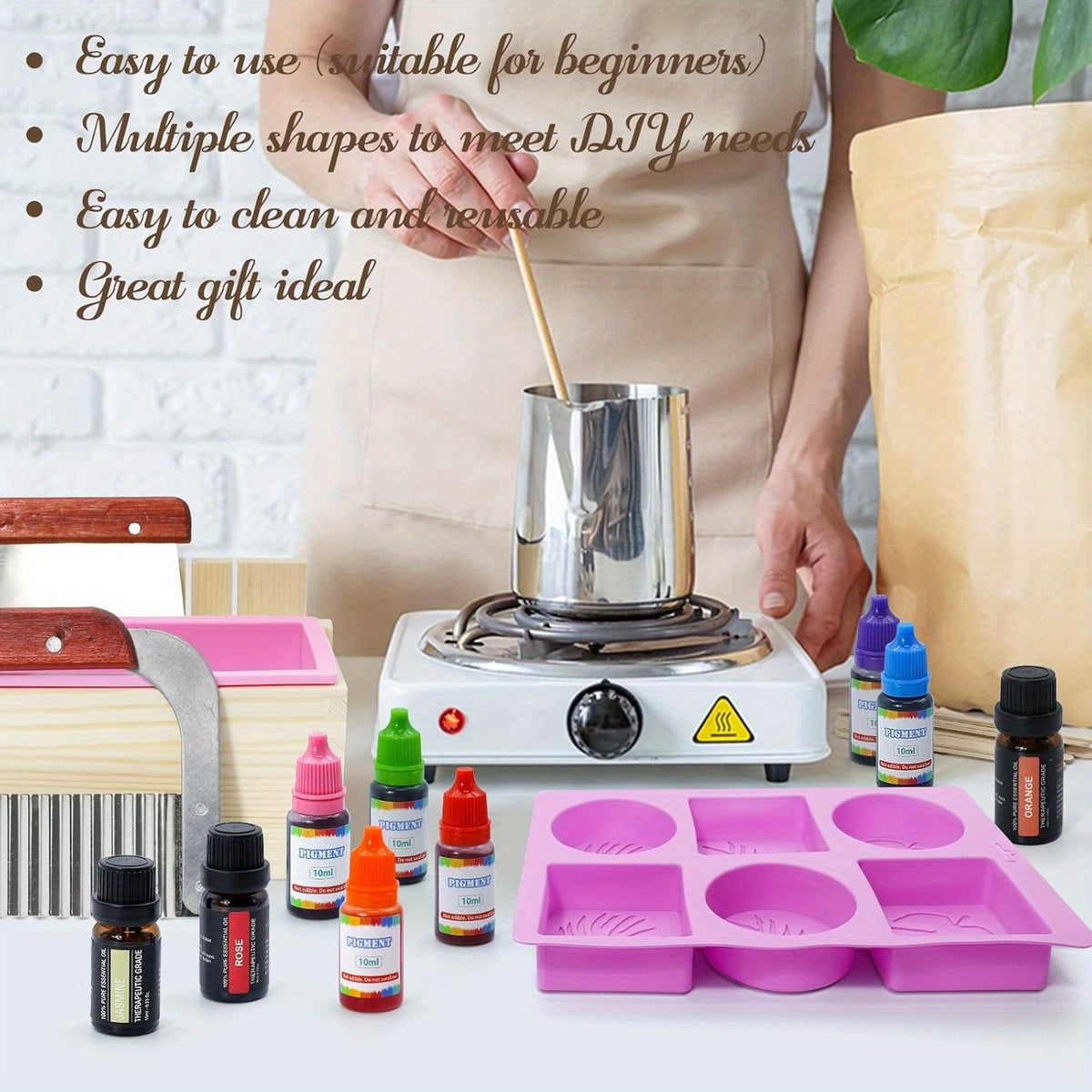Kit Completo para Hacer Jabones Artesanales - Base Vegetal, Moldes de Silicona, Aceites Esenciales, Colorantes y Caja de Regalo