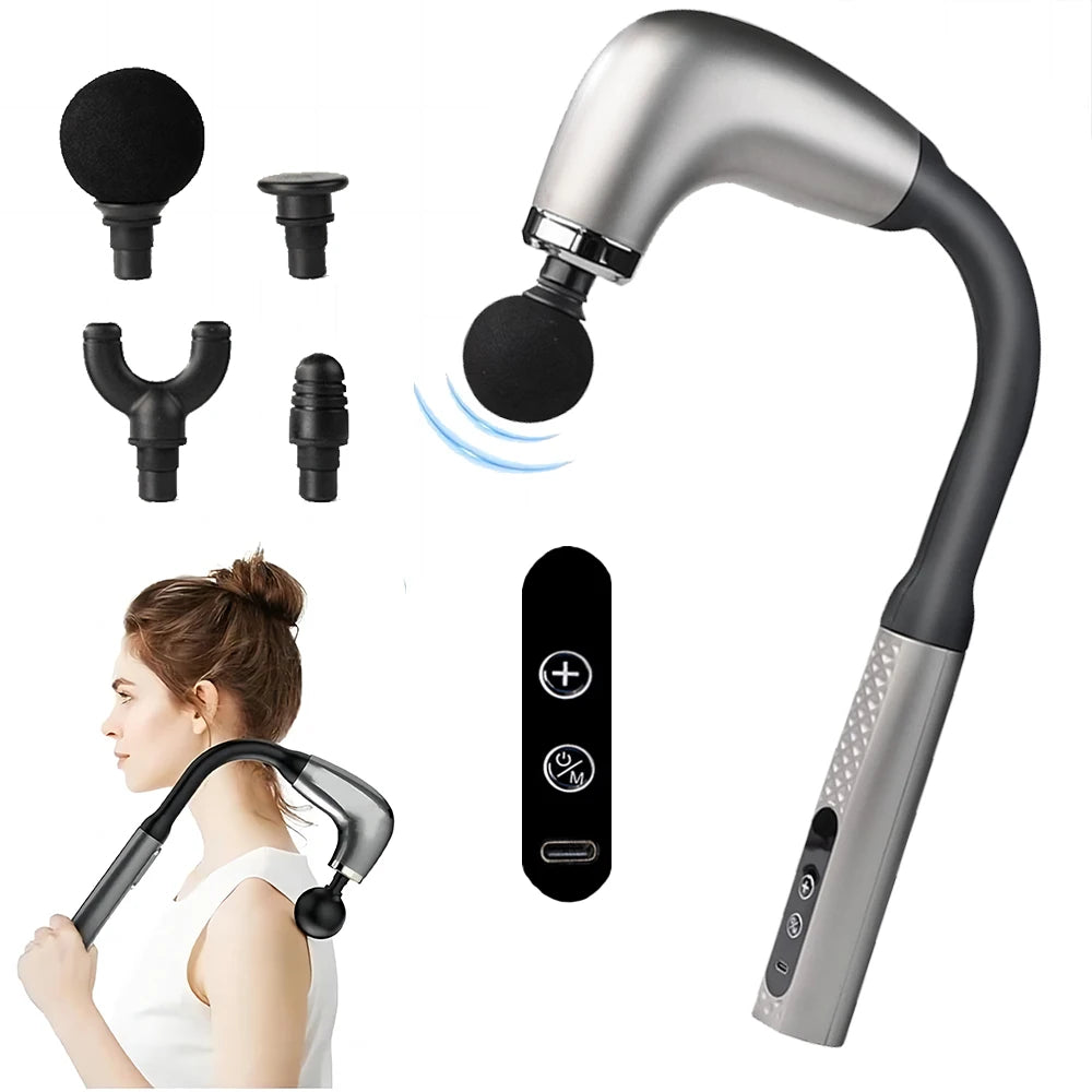 Masajeador Muscular Eléctrico de Mango Largo - Pistola de Fascia con 4 Cabezales para Espalda, Cuello y Piernas