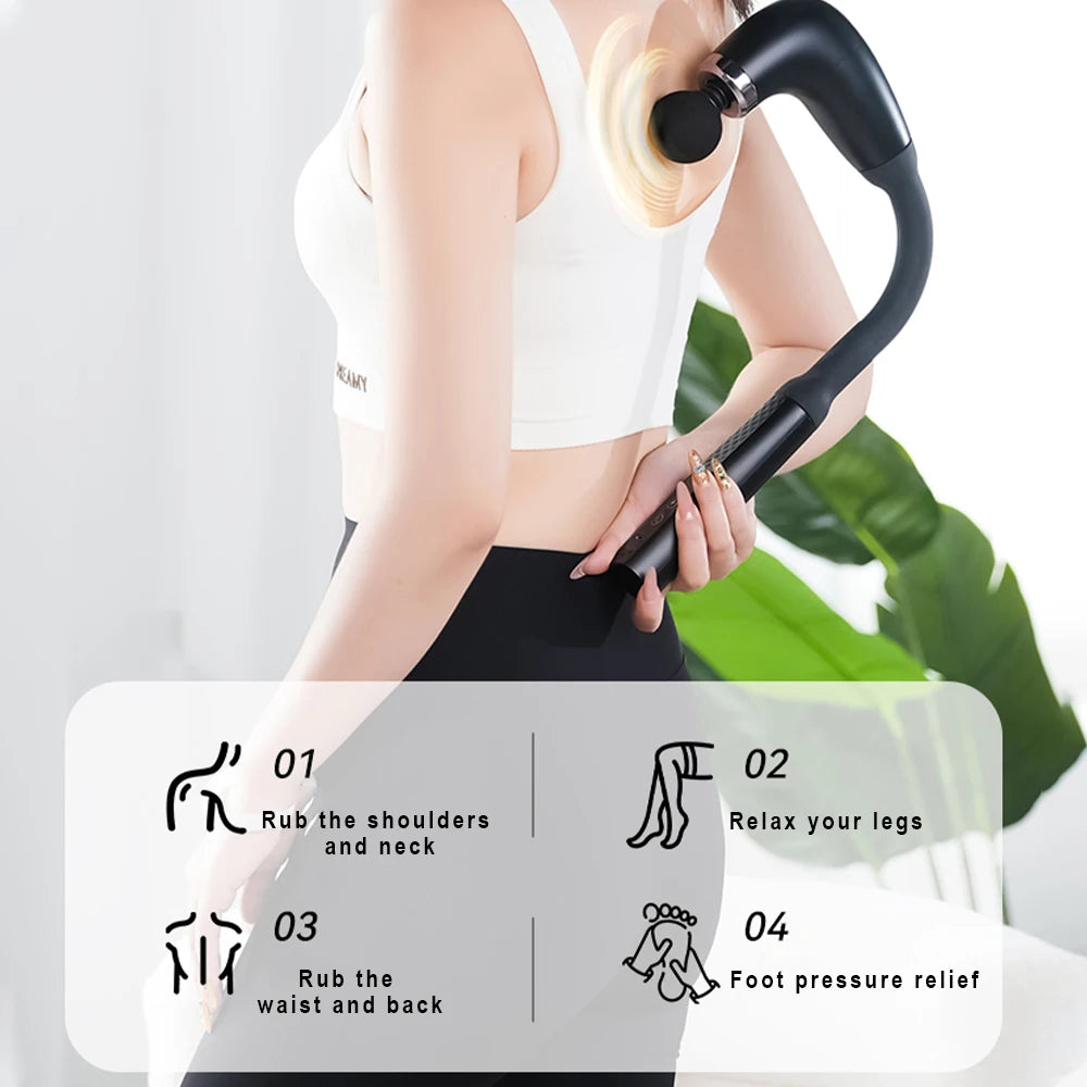 Masajeador Muscular Eléctrico de Mango Largo - Pistola de Fascia con 4 Cabezales para Espalda, Cuello y Piernas