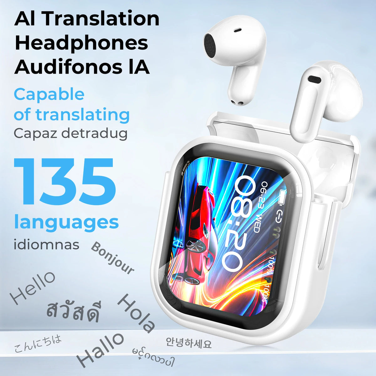 Auriculares Traductores IA HTC NE20 - Traduce 135 Idiomas en Tiempo Real, Pantalla Táctil y Cancelación de Ruido