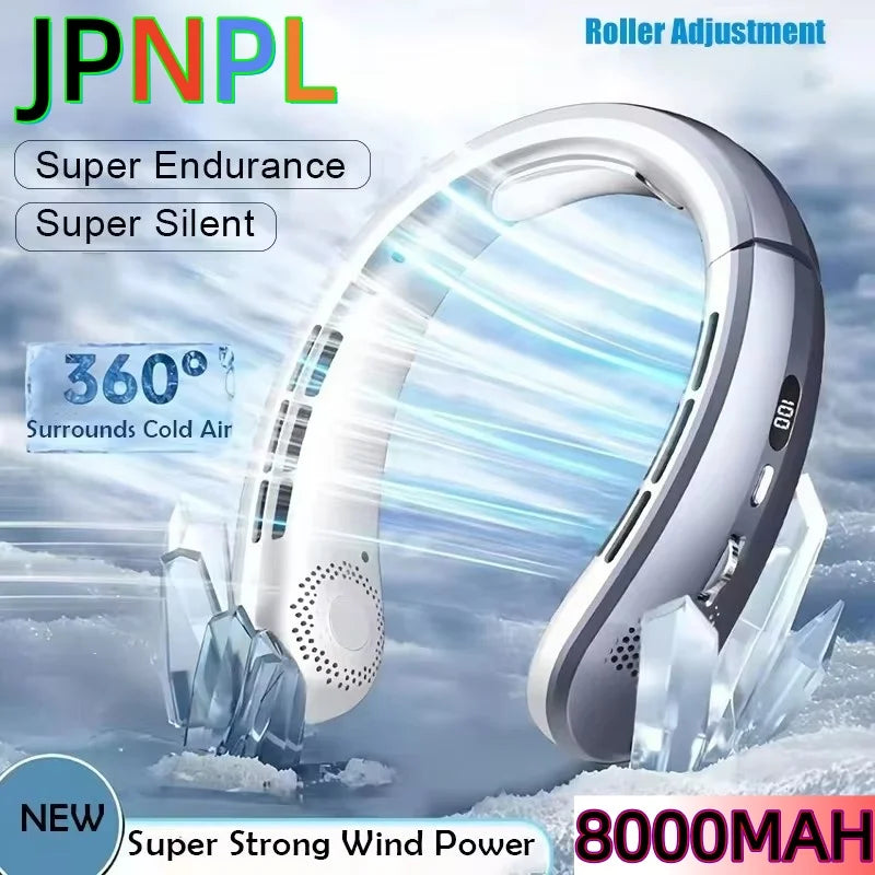 Ventilador de Cuello Portátil 8000mAh Sin Aspas - Recargable USB, Silencioso, 3 Velocidades para Verano y Deporte