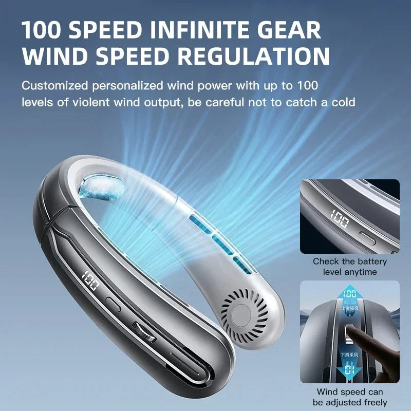 Ventilador de Cuello Portátil 8000mAh Sin Aspas - Recargable USB, Silencioso, 3 Velocidades para Verano y Deporte