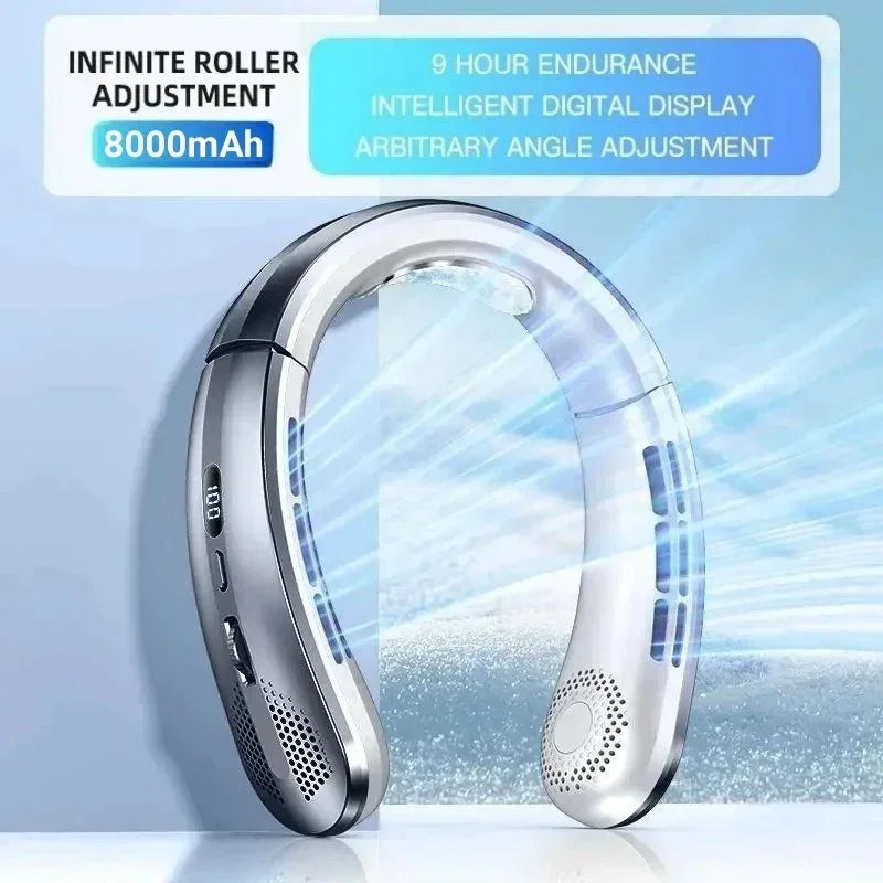 Ventilador de Cuello Portátil 8000mAh Sin Aspas - Recargable USB, Silencioso, 3 Velocidades para Verano y Deporte